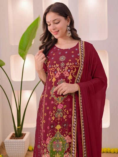 Plus Size Maroon Muslin Printed Salwar Suit Set - BONYHUBSALWAR KAMEEZ