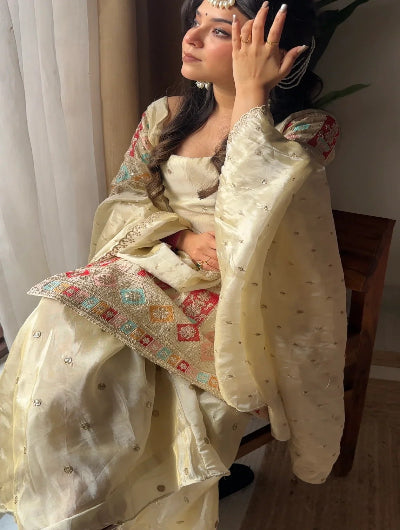 Chandni Ivory Cream Embroidered Chinon Silk Sharara Set