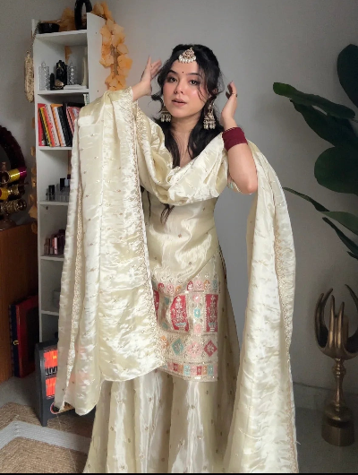 Chandni Ivory Cream Embroidered Chinon Silk Sharara Set