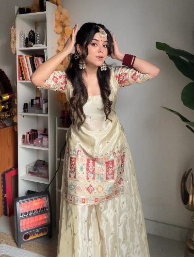 Chandni Ivory Cream Embroidered Chinon Silk Sharara Set