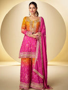 Kanika Pink & Yellow Chinon Silk Embroidery Palazzo Suit Set - BONYHUBSALWAR KAMEEZ