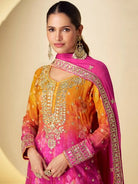 Kanika Pink & Yellow Chinon Silk Embroidery Palazzo Suit Set - BONYHUBSALWAR KAMEEZ