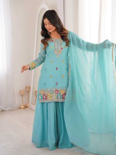 Sky Blue Full Sleeves Modest Sharara Palazzo Suit Set