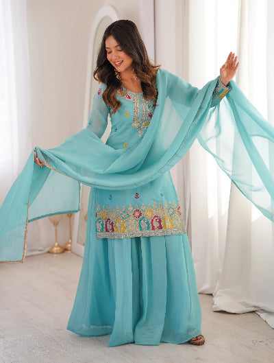 Sky Blue Full Sleeves Modest Sharara Palazzo Suit Set