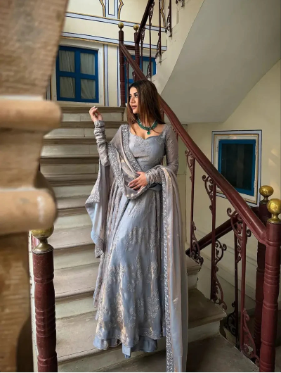 Metallic Grey Fendy Silk Embroidered Anarkali Suit