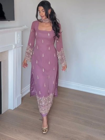 Pastel Mauve Pink Georgette Embroidery Work Straight Suit - BONYHUBSALWAR KAMEEZ