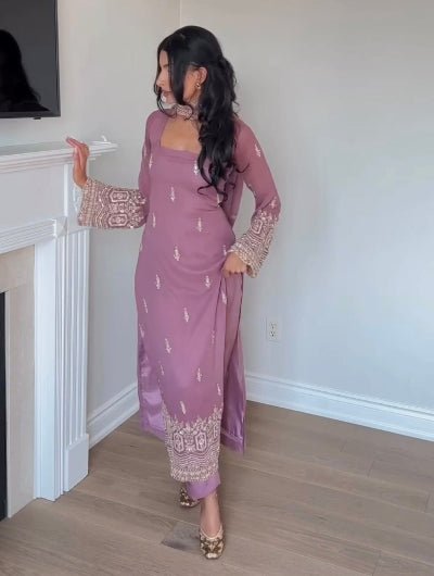 Pastel Mauve Pink Georgette Embroidery Work Straight Suit - BONYHUBSALWAR KAMEEZ