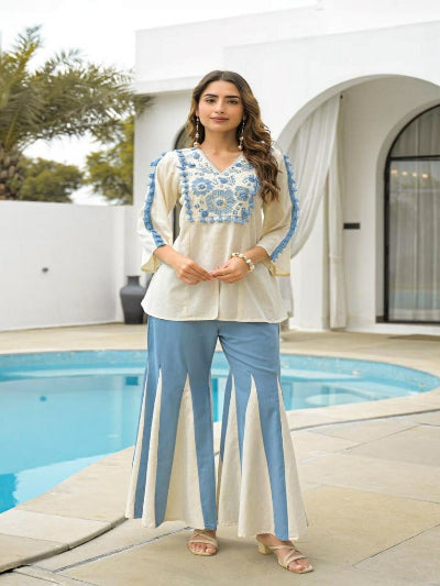 Ice Blue White Cotton Embroidered Kurti Palazzo Set