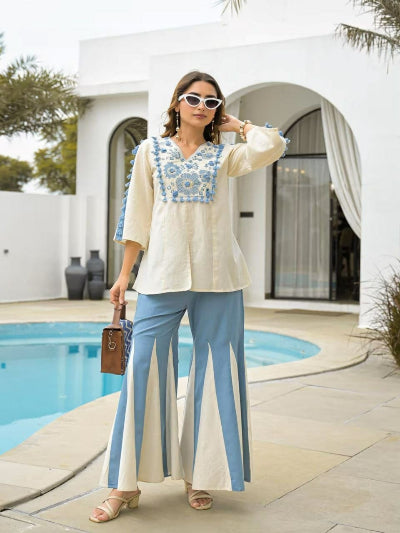 Ice Blue White Cotton Embroidered Kurti Palazzo Set