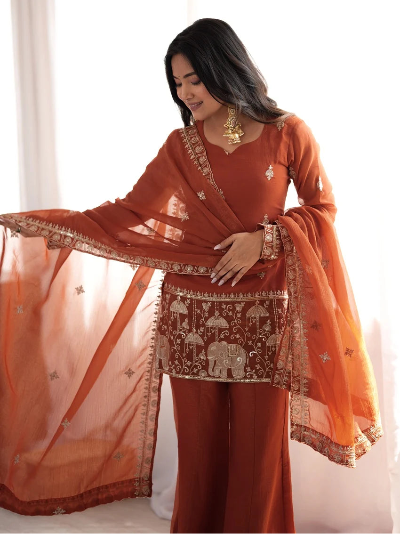 Rust Orange Silk Embroidered Bell Bottom Suit Set