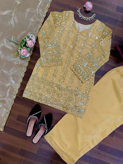 Gold Sequence Work Embroidery Palazzo Suit