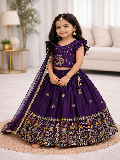 Kids Purple Lehenga Choli | Silk Embroidered Festive Indian Outfit