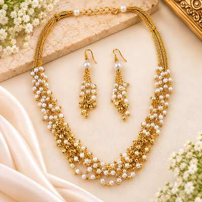 Gold Pearl Choker Necklace &amp; Earrings Set – Wedding Jewellery