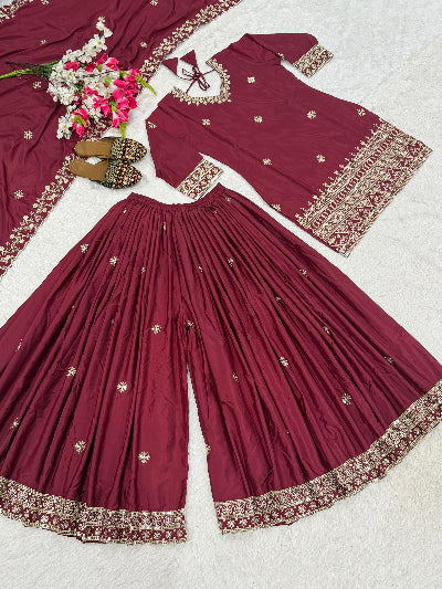 Maroon Sequence Embroidery Work Sharara Suit