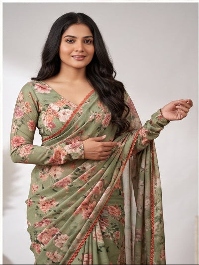 A woman modeling a sage green floral saree with a matching long-sleeve blouse in a studio setting, shown in multiple views including front, back, and side angles.