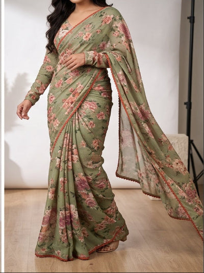 A woman modeling a sage green floral saree with a matching long-sleeve blouse in a studio setting, shown in multiple views including front, back, and side angles.