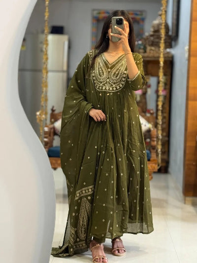 Mehandi Green ALine Flare Cotton Salwar suit