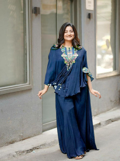 Mehandi Green Party Wear Cape Style Kurti Palazzo suit women2