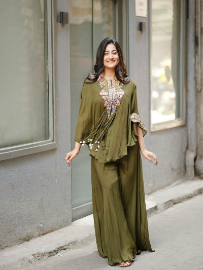 Mehandi Green Party Wear Cape Style Kurti Palazzo suit women 3