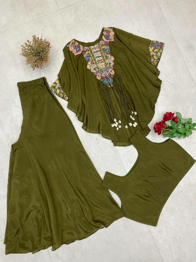 Mehandi Green Party Wear Cape Style Kurti Palazzo suit women4