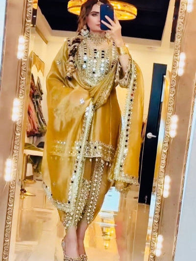 Mustard Yellow  Mirror Work Punjabi Dhoti Suit Set