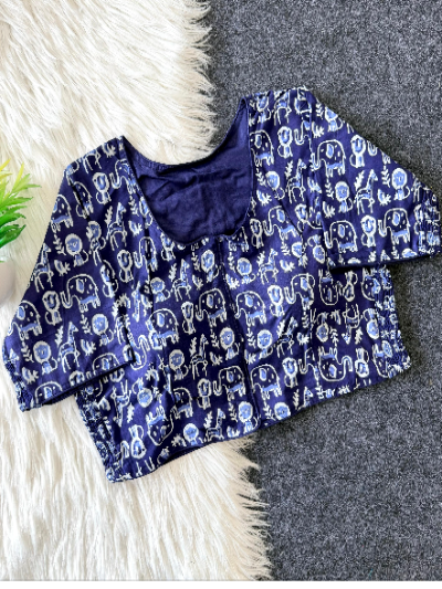 Navy blue STRETCHABLE BLOUSE with elephant pattern COTTON elastic in Uk blouse 