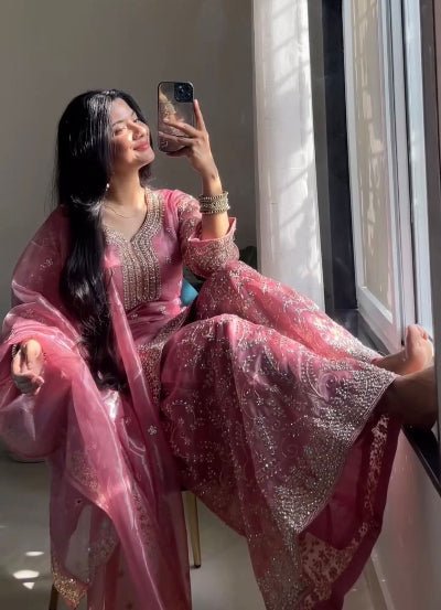 Cranberry Pink Organza Silk Sequence Work Sharara Suit - BONYHUBSALWAR KAMEEZ