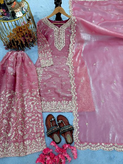 Cranberry Pink Organza Silk Sequence Work Sharara Suit - BONYHUBSALWAR KAMEEZ