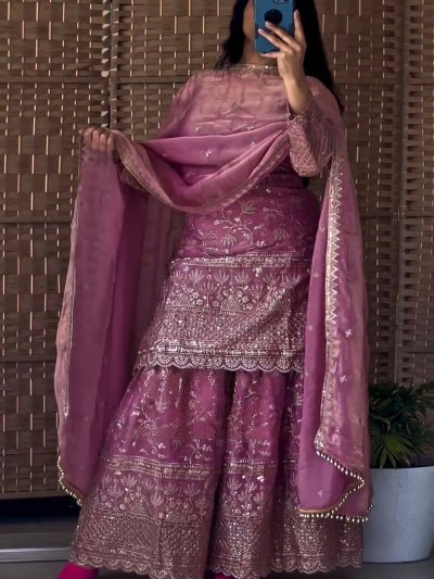 Blush Pink Sequins Work Sharara Suit Set - BONYHUBSALWAR KAMEEZ