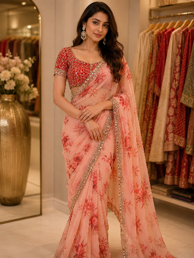 Peach Georgette Embroidered Saree with Blouse | UK