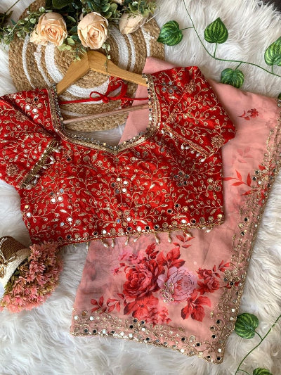 Peach Georgette Embroidered Saree with Blouse | UK