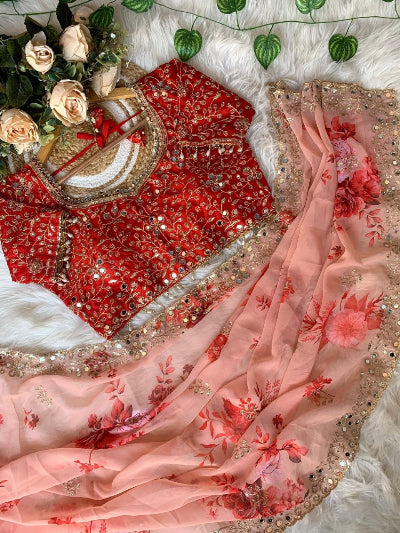 Peach Georgette Embroidered Saree with Blouse | UK