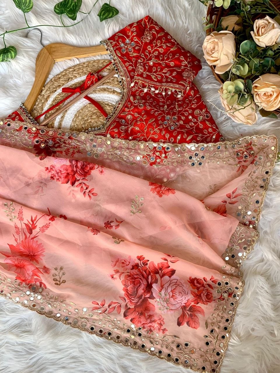 Peach Georgette Embroidered Saree with Blouse | UK