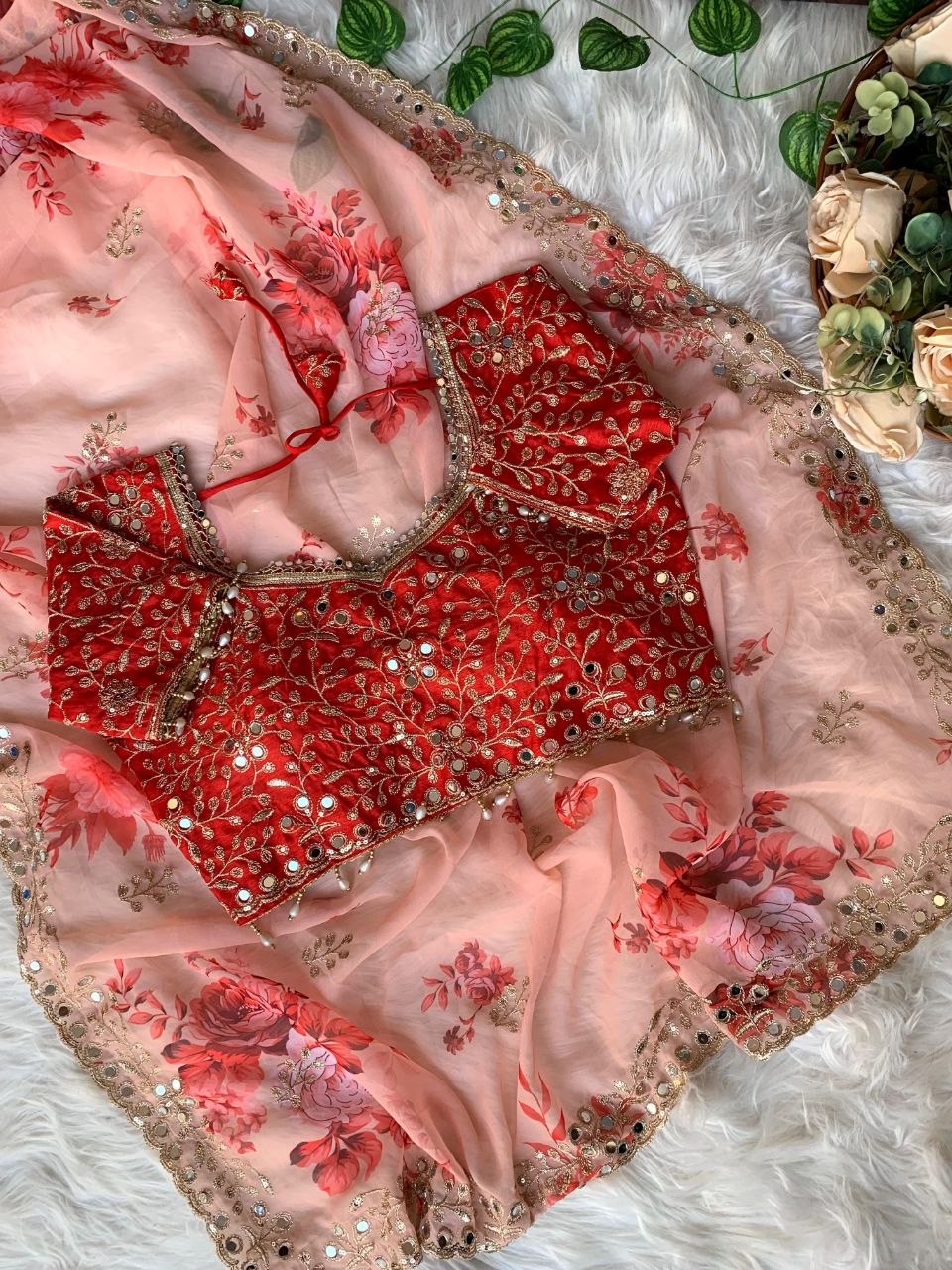 Peach Georgette Embroidered Saree with Blouse | UK