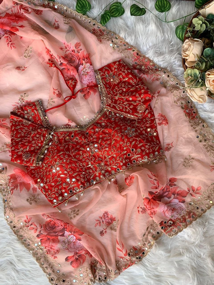 Peach Georgette Embroidered Saree with Blouse | UK