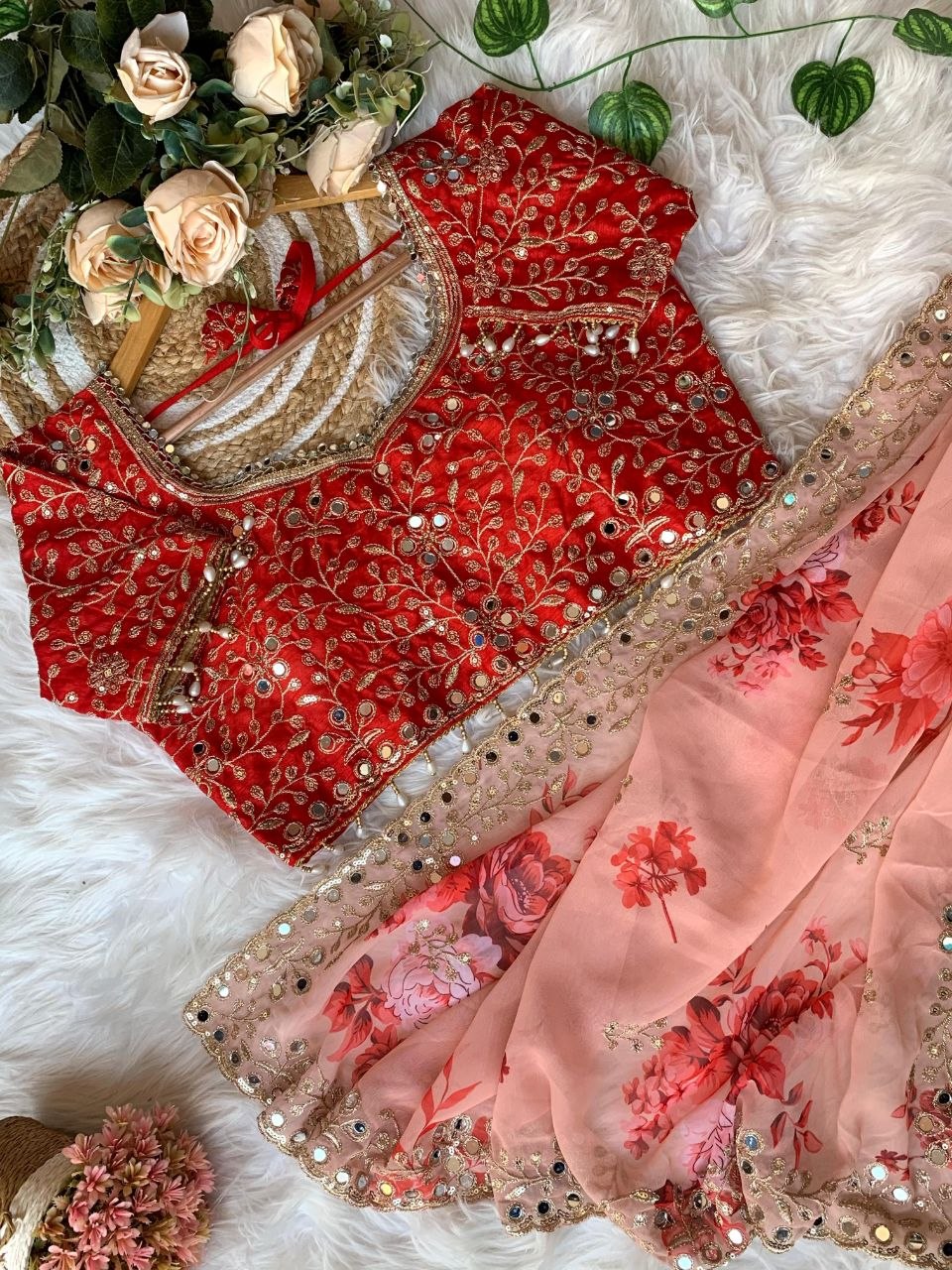 Peach Georgette Embroidered Saree with Blouse | UK
