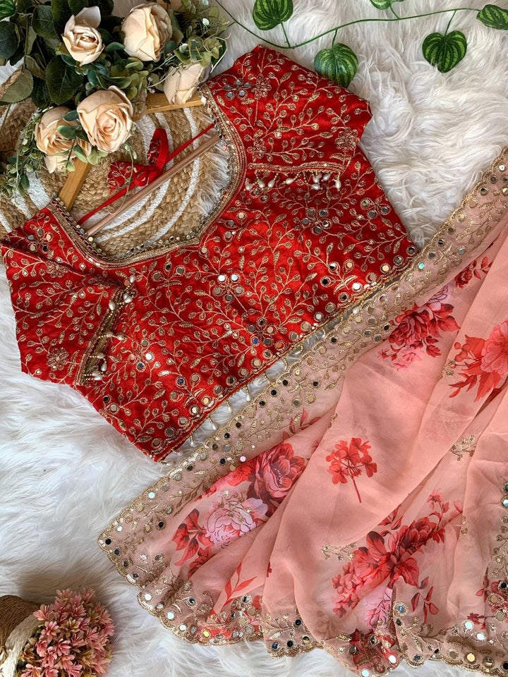 Peach Georgette Embroidered Saree with Blouse | UK