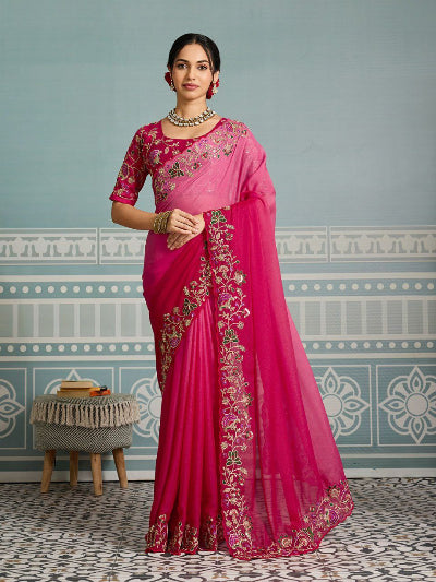 Pink Embroidery Georgette Sari with Unstiched Blouse3