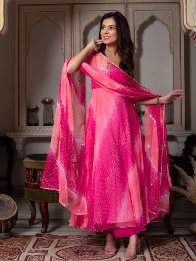 Pink Sleeveless Bandhani Anarkali Salwar Kameez Set