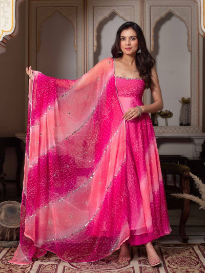 Pink Sleeveless Bandhani Anarkali Salwar Kameez Set