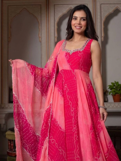 Pink Sleeveless Bandhani Anarkali Salwar Kameez Set4