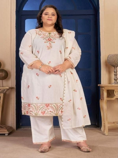 Plus Size Cotton Embroidered Salwar Kameez Suit Set with Dupatta