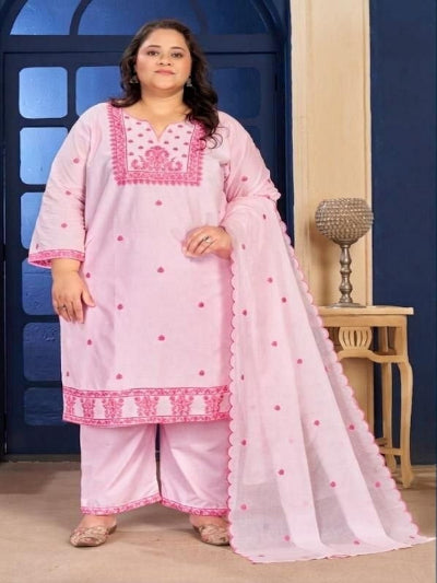 Plus Size Cotton Embroidered Salwar Kameez Suit Set with Dupatta