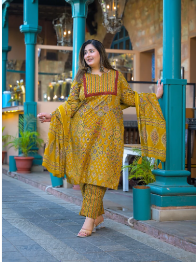 Plus Size Mustard Jaipuri Hand Block Cotton Women Straight Suit UK
