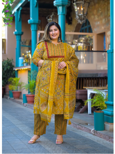 Plus Size Mustard Jaipuri Hand Block Cotton Women Straight Suit UK2