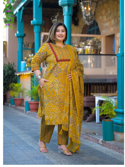 Plus Size Mustard Jaipuri Hand Block Cotton Women Straight Suit UK3