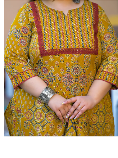 Plus Size Mustard Jaipuri Hand Block Cotton Women Straight Suit UK4