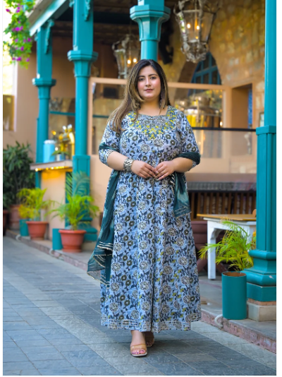 Plus Size Women Blue Yellow Cotton Anarkali Dupatta Set of 2