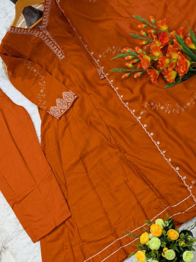 Premium Silk Blend Coral Embroidered Salwar kameez Suit Set