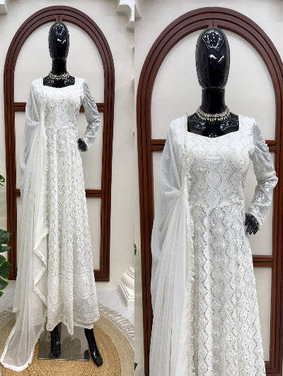 White Thread Embroidered Georgette Anarkali Suit